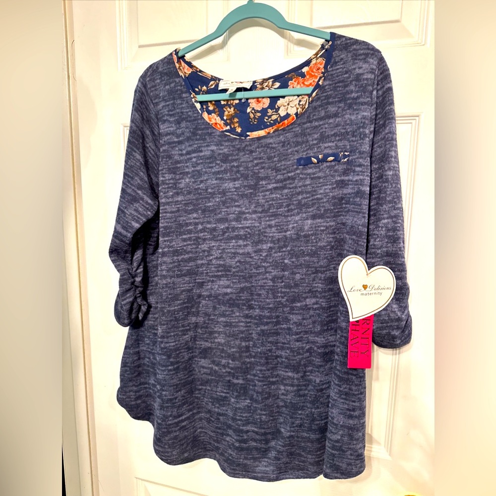 NWT Love Delirious Maternity 1X Navy Heather Knit Women 3/4 Sleeve Top Back Bow